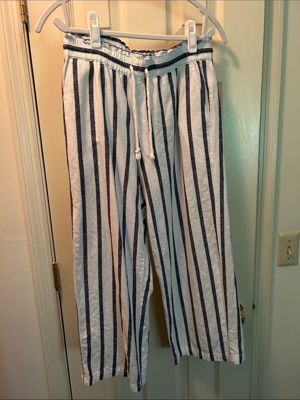 J. Crew White and Navy Vertical-Stripe Drawstring Pants